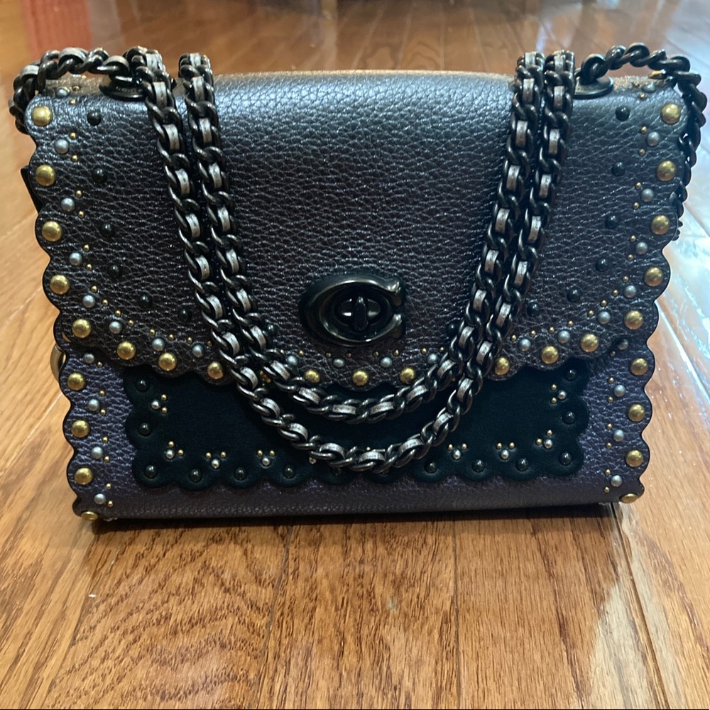 Near new Coach Parker 18 purse scalloped mixed leather rivets bag